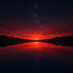 Fototapeta premium Symmetrical Reflection of Red Sunset and Starry Night on Calm Lake