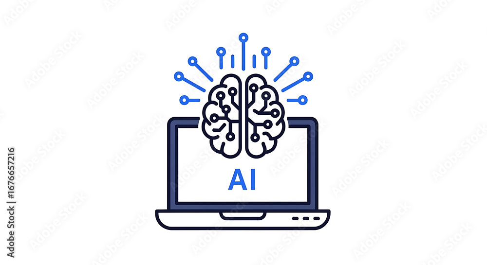 Poster a stylized laptop with ai on the screen and a brain with connections above it on a white background
