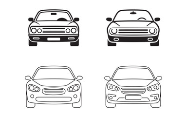 car front view icons set, auto vehicle isolated, automobile silhouette front view, flat vector icon, car sign and symbol