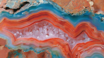 Fototapeta premium A vibrant agate geode displays vivid red, orange, blue layers surrounding a crystalline center, showcasing natural mineral beauty and intricate geological patterns