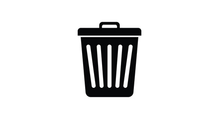 A black trash can icon with a lid and handle on a white background