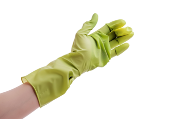 A hand wearing a light green rubber glove on black background
