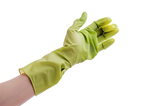 A hand wearing a light green rubber glove on black background