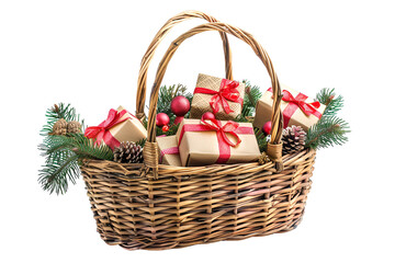 Wicker Basket Filled with Christmas Gifts and Decorations