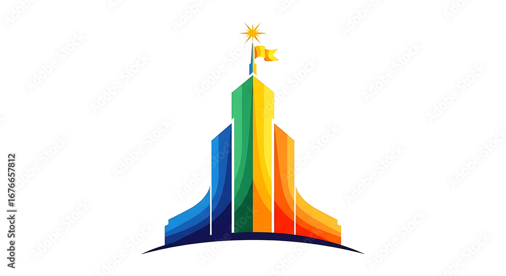 Poster abstract colorful building with a star and flag on top against a white background design symbol