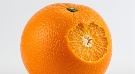 Fresh orange with a bite taken out, showcasing juicy interior against a clean white background