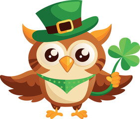 An owl wearing a st patricks day hat and holding a shamrock