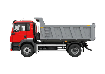 Bright red dump truck side view isolated on transparent background