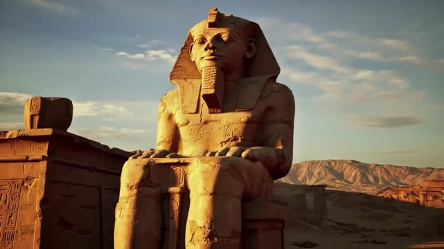 second cinematic video of a giant ancient Pharaoh statue in the desert at sunset, golden light, dramatic shadows, mystical atmosphere, slow camera pan, ultra realistic, 4K