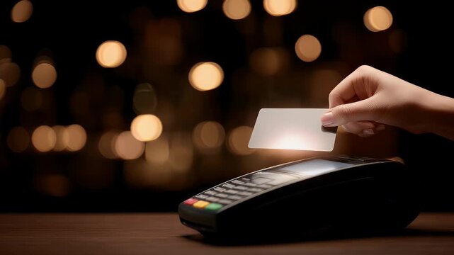 glowing contactless card being held above POS device, minimal tech background