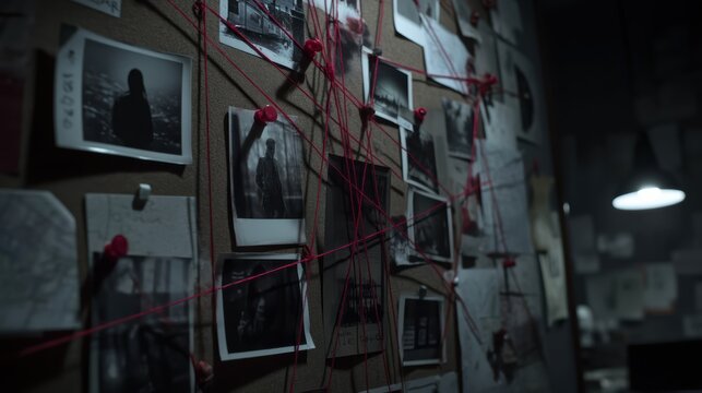 A dark room features a corkboard covered with photos, notes, and red string, suggesting an investigation or conspiracy analysis