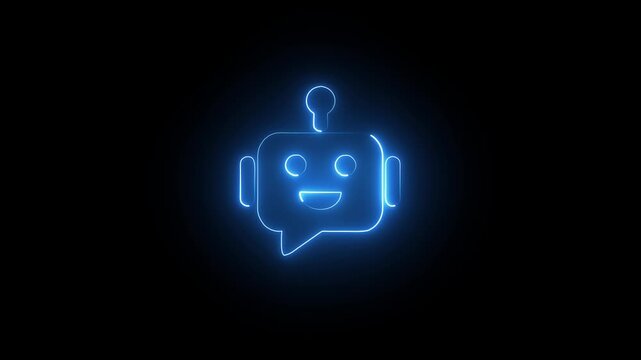 Glowing neon chat bot isolated on black background. 4k Video motion graphic animation