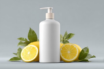 Refreshing white pump bottle with vibrant lemons and green leaves, perfect for natural skincare and cosmetic branding