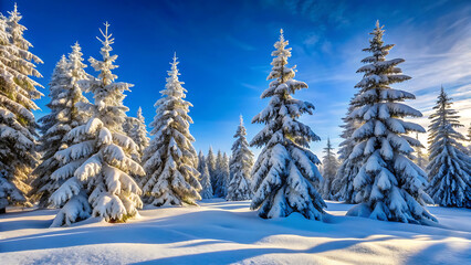 snow covered pine trees beneath clear blue sky