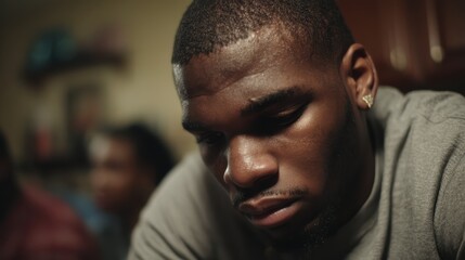 A young man appears deep in thought, showing a serious and contemplative expression in a softly lit indoor setting