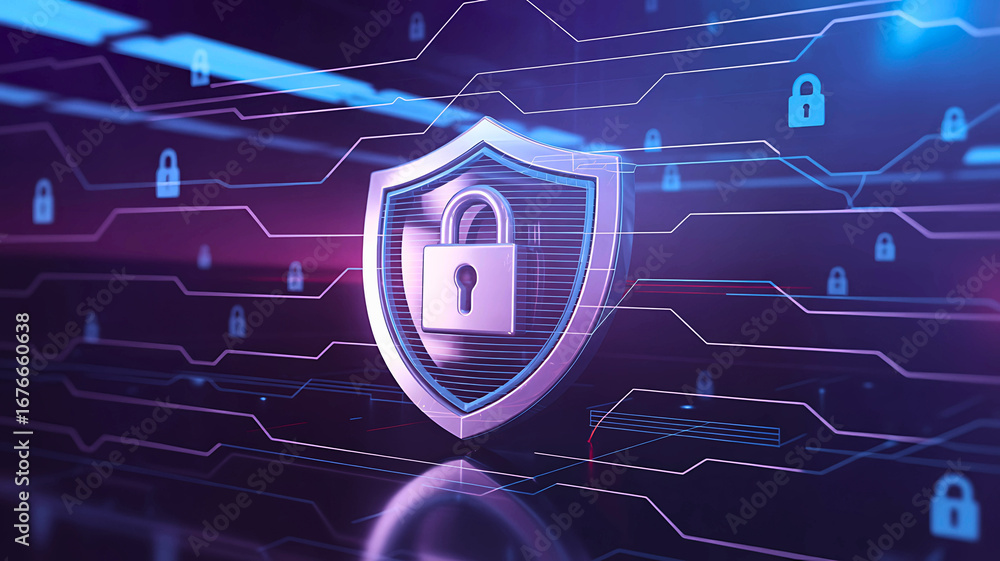 Aufkleber glowing cybersecurity shield icon symbolizing data protection and network privacy on a futuristic di