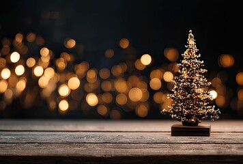 Small Christmas tree with lights on a wooden table with bokeh background