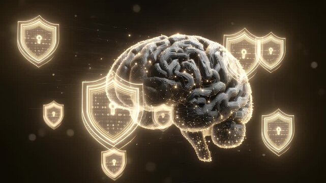 machine learning context digital brain protected by floating shield icons and stream of secured protocols