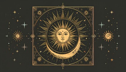 Mystical sun and moon, celestial art