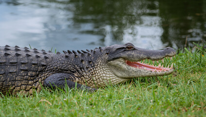Fototapeta premium Alligator resting on grassy bank near water reptile