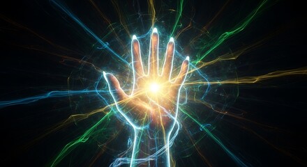 A hand radiating energy in a colorful abstract design