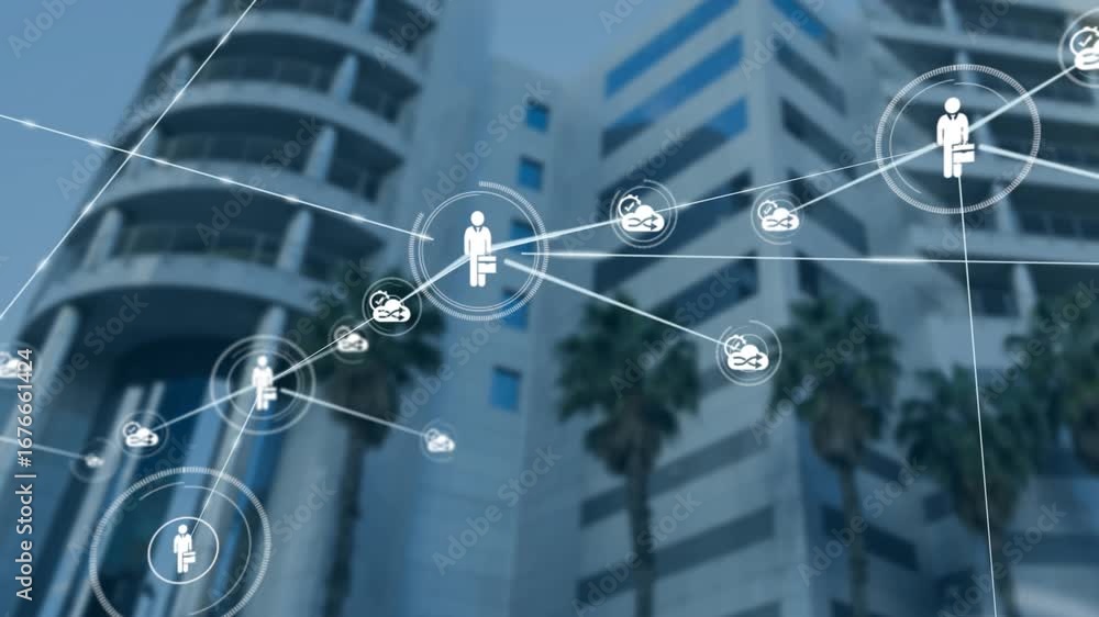 Poster the office technology network is a network of office buildings with modern architecture