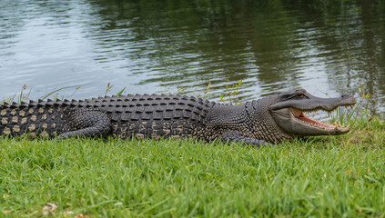 Obraz premium Alligator resting on grassy bank near water reptile