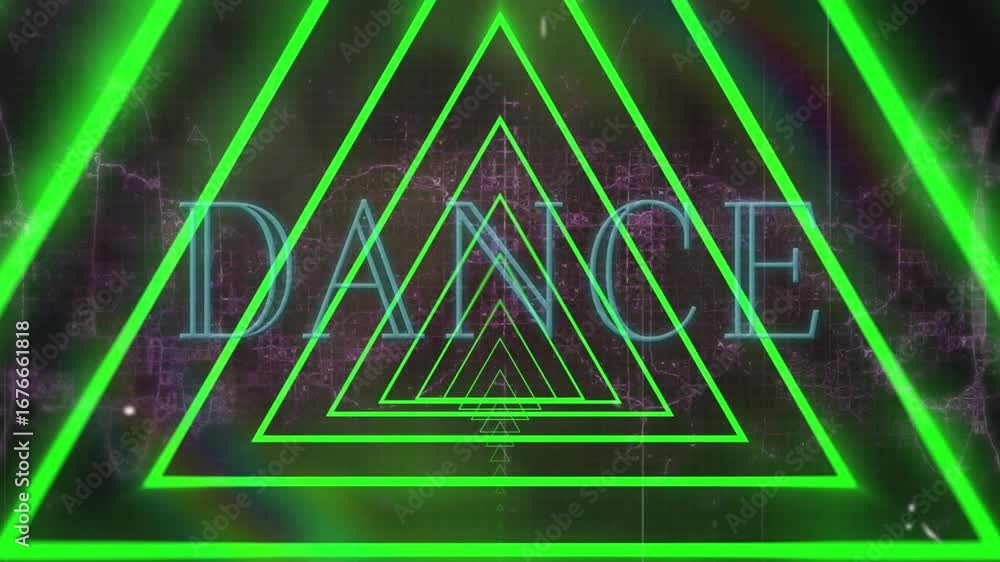 Aufkleber animation of concentric triangles in seamless pattern over dance text banner against digital wave