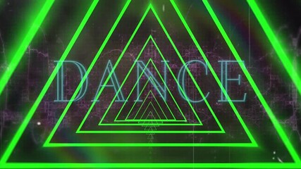 Animation of concentric triangles in seamless pattern over dance text banner against digital wave - Powered by Adobe