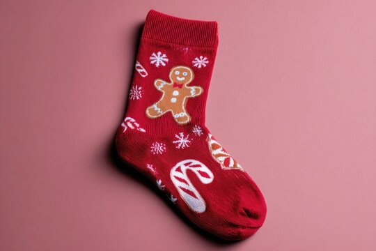 Red Christmas stocking with gingerbread man and candy cane decorations