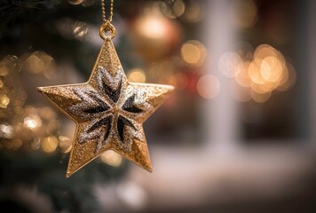 Golden star ornament hanging on christmas tree with blurred lights