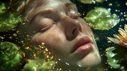 Full HD, high-resolution photography of a woman's face gently submerged in crystal-clear water, her eyes softly closed, surrounded by vibrant green lily pads and floating petals. The scene is illumina