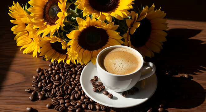 Aromatic coffee cup with vibrant sunflowers and roasted coffee beans on wooden table