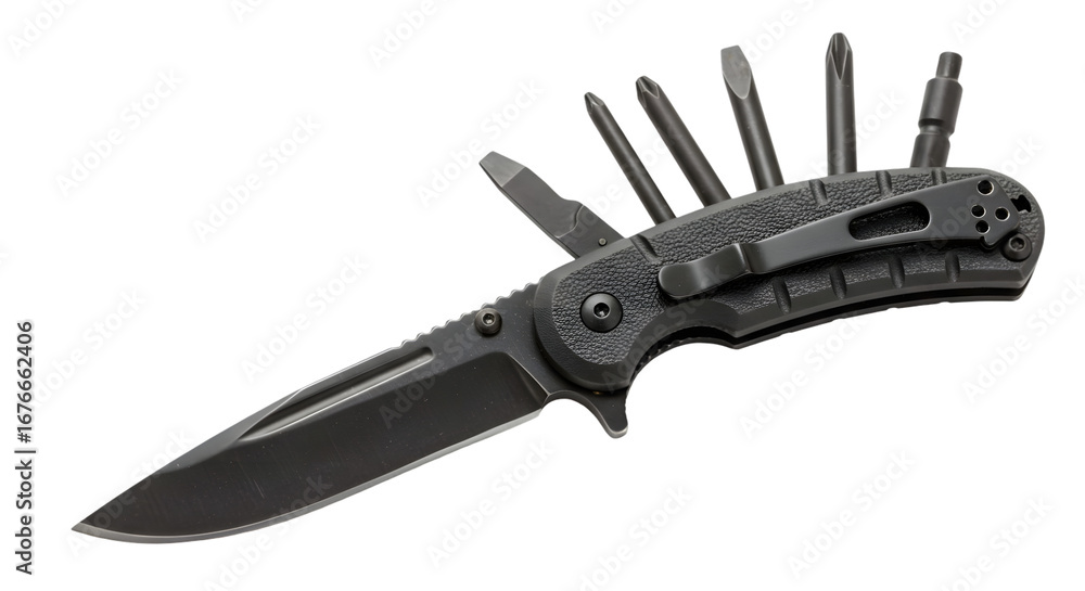 Poster multi-functional black folding knife with various tools displayed on a white background, ideal for o