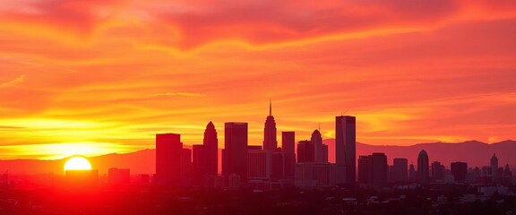 Fototapeta premium Los Angeles sunset skyline, skyscrapers silhouetted against vibrant orange and purple sky, view, panorama