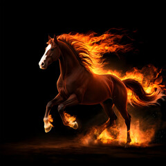 Dynamic fiery horse artwork, glowing mane of flames, abstract strength and motion on black backdrop. Silhouette of a powerful horse with burning mane, vibrant fire illustration, dramatic and intense.