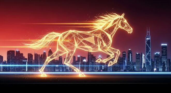 Futuristic glowing horse running in front of city skyline