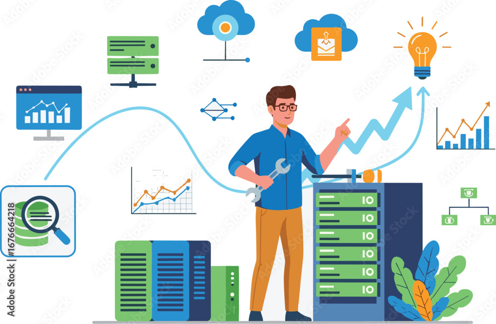 Fototapete it worker maintains server infrastructure and cloud data. network administration, technology service