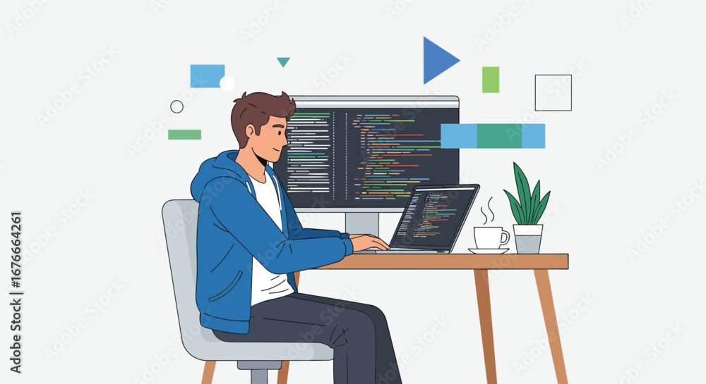 Poster man codes at desk using laptop and computer. software development, programming, coding, workspace, r