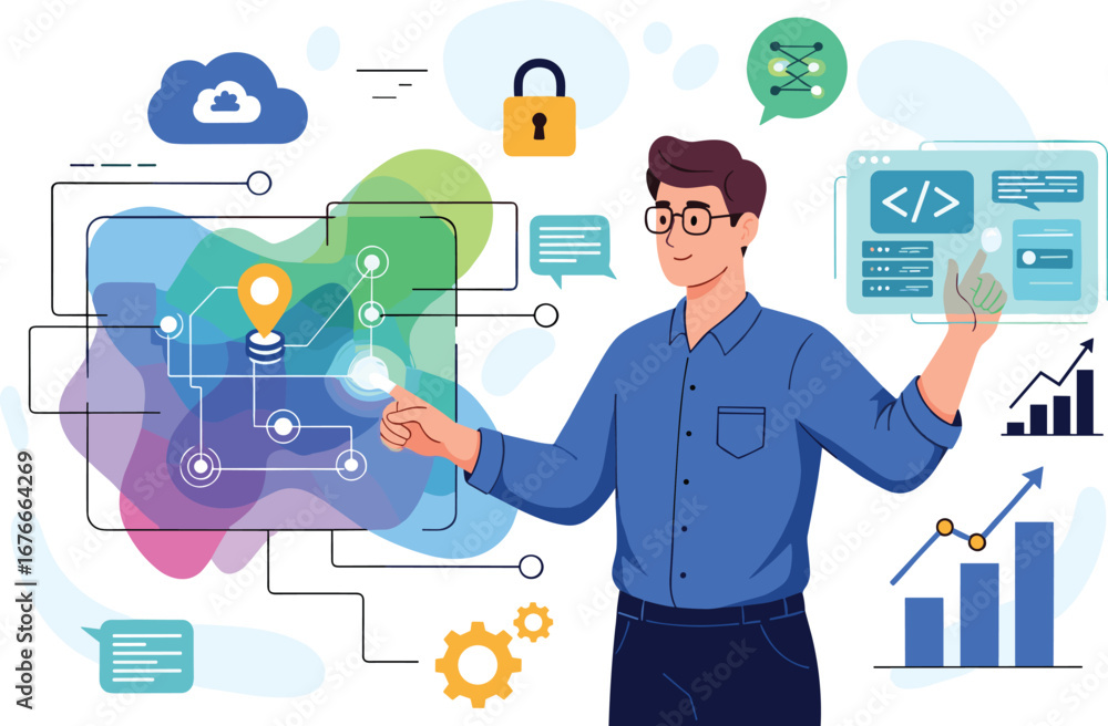 Poster man interacts with technology interface. data analysis, cloud computing, cybersecurity, programming,