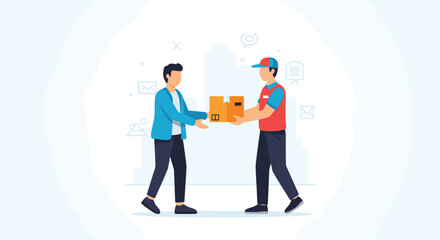 Fototapeta premium Delivery man hands package to customer. Shipping, service, courier, parcel, business, e-commerce, online shopping, distribution, transportation, logistics, delivery.