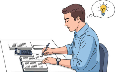 Man at desk has bright idea while working. Thinking, problem solving, office work, creativity, innovation, studying, learning, business, solution.