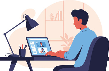 Man video conferencing on laptop at desk. Work from home, online meeting, remote work, computer, video call, communication, internet, business