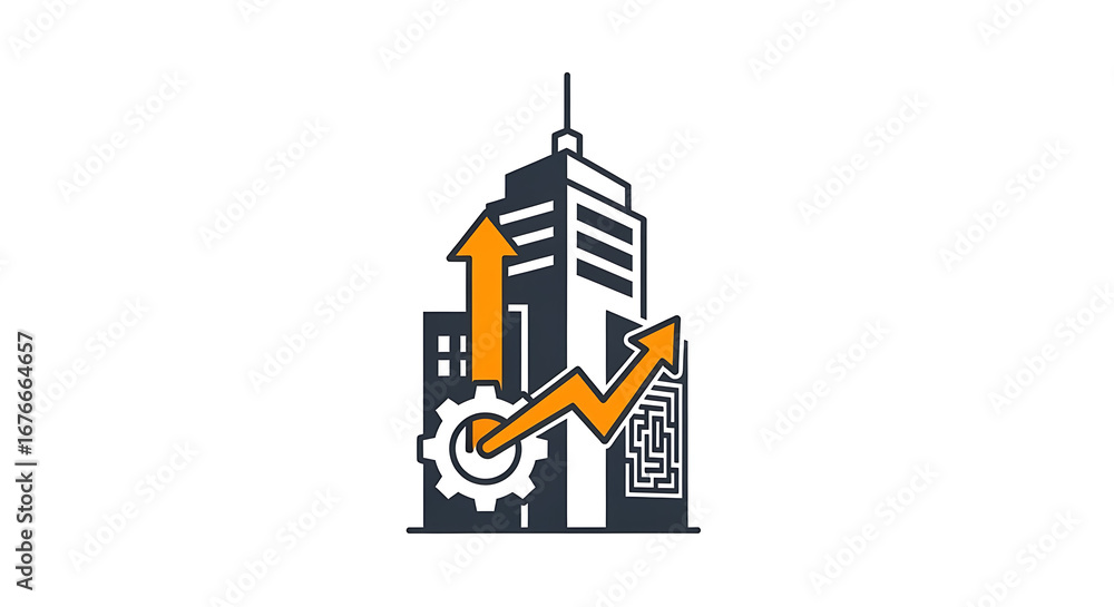 Aufkleber illustration of a building with arrows gear and maze representing growth and complexity in business 