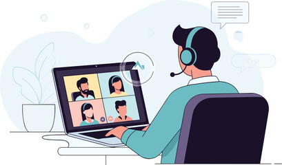 Man in video call with coworkers on laptop. Virtual meeting, online communication, teleconference, remote work, business, conference, office, technology.