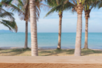 The beach, with wooden tabletop. Summer beach backgrounds
