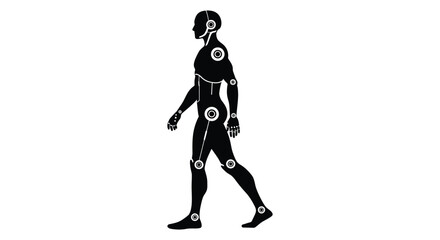 Human body silhouette with marked joints and limbs walking to the left
