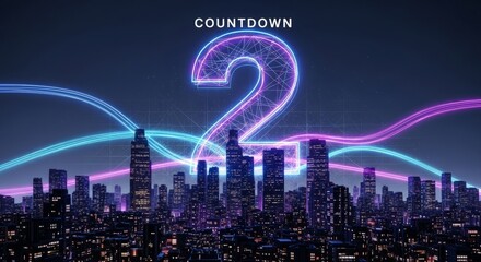 Countdown Display with Neon Number 2 Over City Skyline