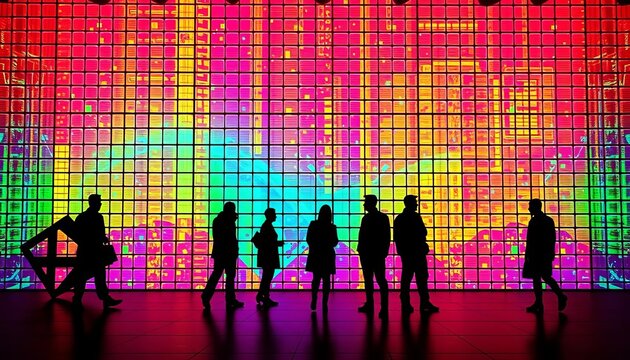 Silhouetted geometric forms against a vibrant, glowing grid backdrop ,  dark,  modern