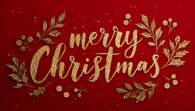 Merry christmas text with gold glitter and red background